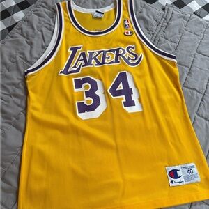 Champion Lakers #34 Gold and Purple Basketball Jersey